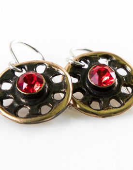 Bronze earrings "Little wheel" with red crystal nr.2